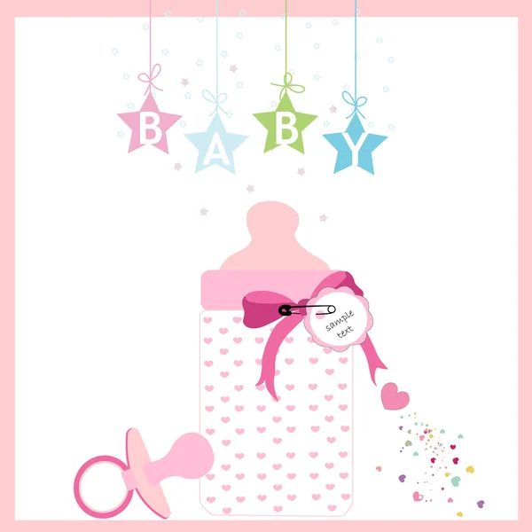 Baby girl bottle and soother vector greeting card — Stock Vector