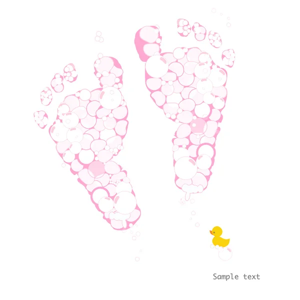 Baby girl foot prints with soap bubbles and duck vector — Stock Vector