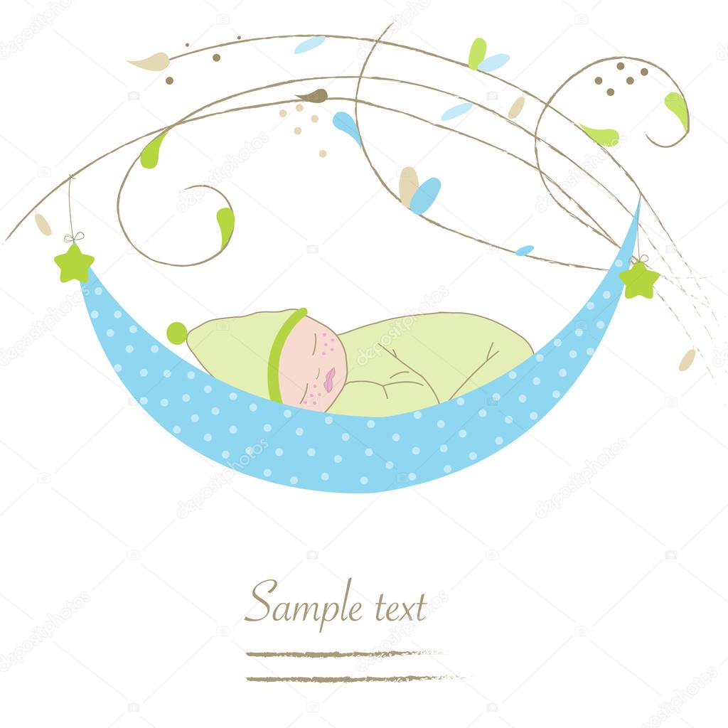 Newborn baby boy cradle greeting card vector