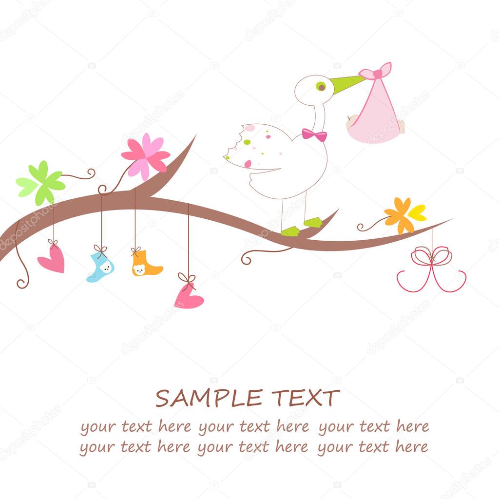 Baby arrival card with hanging hearts, flower, clothes and stork