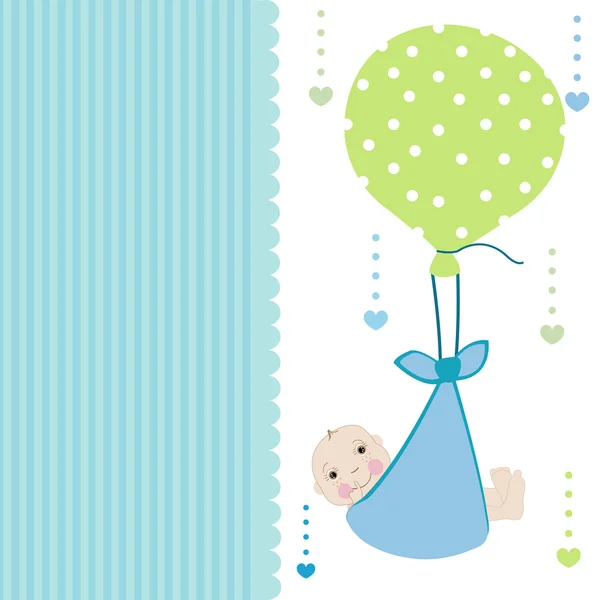 Swaddle bebê menino cartão de chegada com vetor de saudação balão — Vetor de Stock