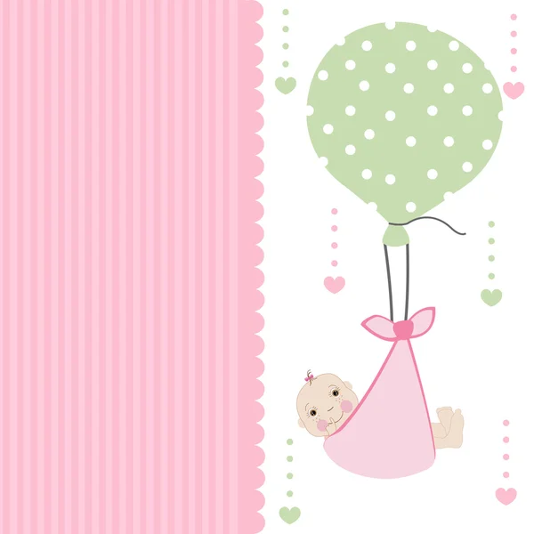 Windel Baby Mädchen Ankunftskarte Mit Ballon Gruß Vektor — Stockvektor