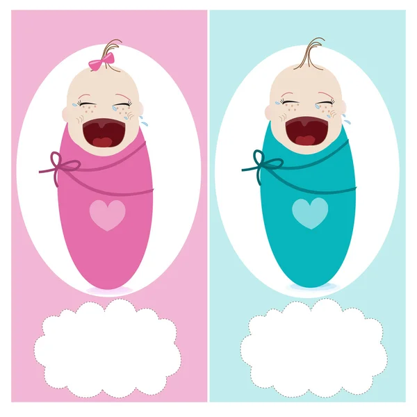 Crying baby with baby, boy, girl vector greeting card — Stock Vector