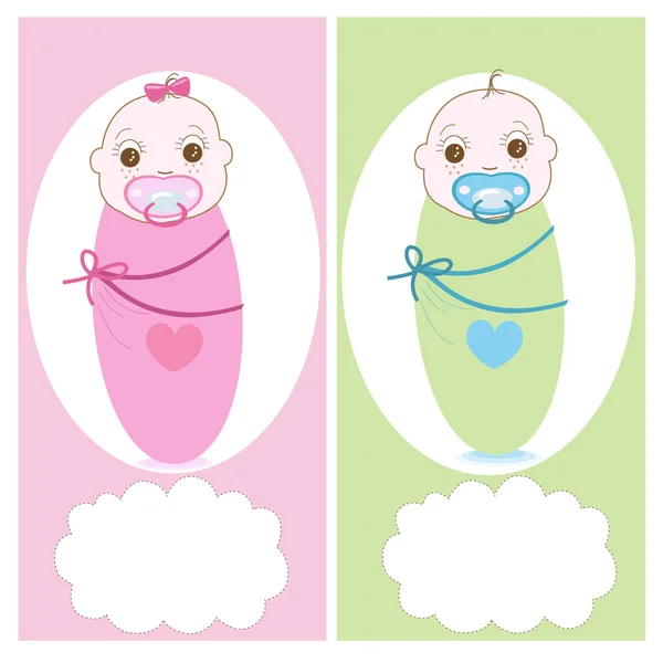 襁褓婴儿与婴儿奶嘴、 男孩、 女孩矢量贺卡 — 图库矢量图片