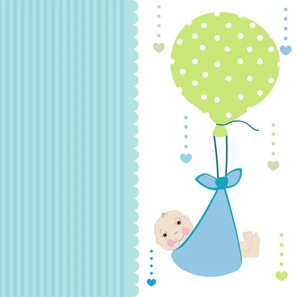 Swaddle Bebé Niño Tarjeta Llegada Con Globo Saludo Vector — Vector de stock