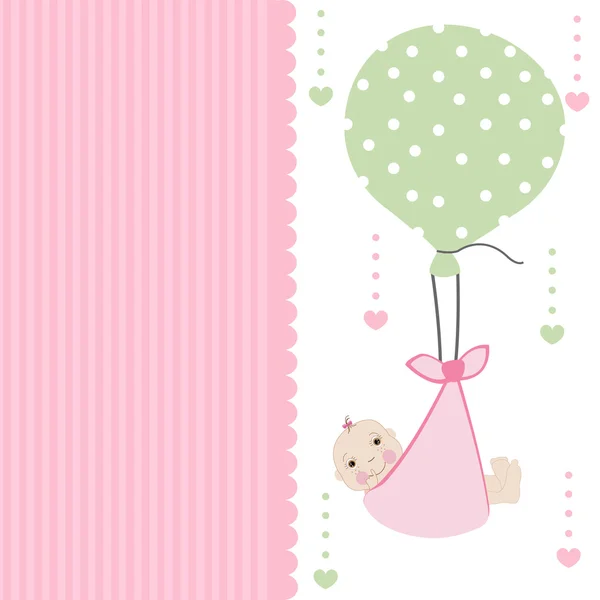 Swaddle baby girl arrival card with balloon greeting vector — Stock Vector