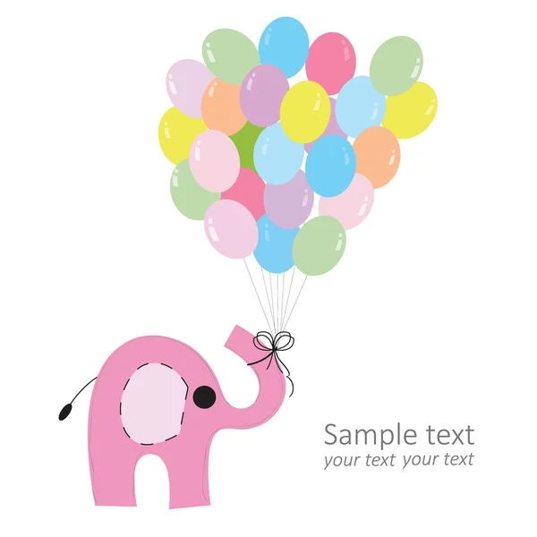 Pink elephant with colorful balloons baby greeting card vector — Stock Vector