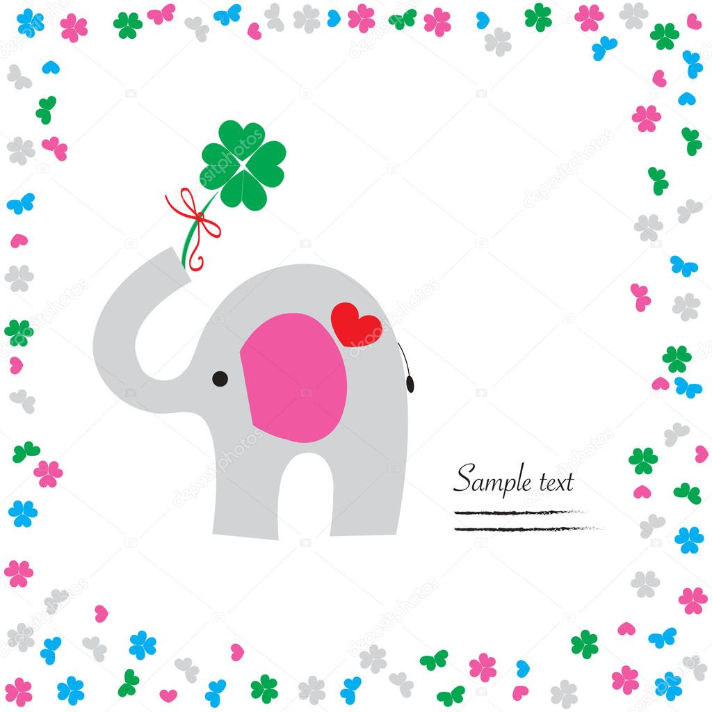 Good luck with elephant and clover vector greeting card — Stock Vector