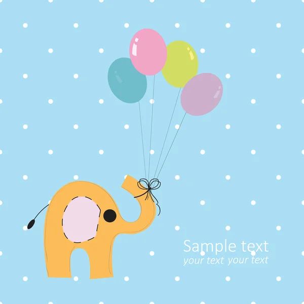 Tarjeta de felicitación de elefante bebé niño con globos de colores — Vector de stock