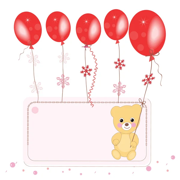 Röda flygande ballonger med nallebjörn utrymme för text gratulationskort — Stock vektor