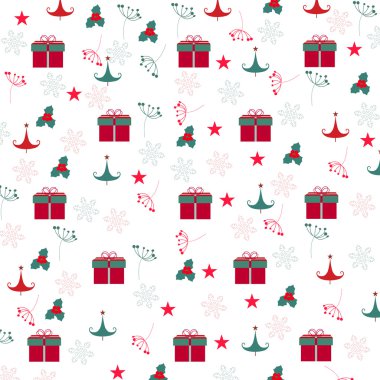 Noel hediye kutusu, kar tanesi, ağaç desen arka plan