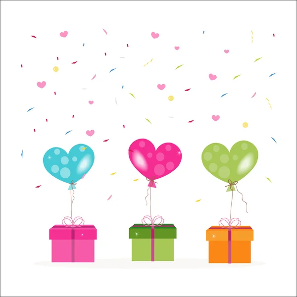 Coffret cadeau coloré et ballons coeur avec vecteur confettis — Image vectorielle