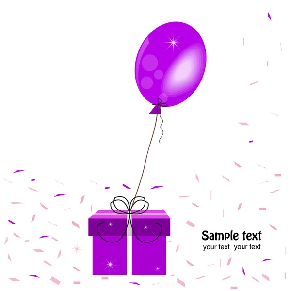 Fialová dárková krabička a balónek konfetami vektorové přání — Stockový vektor