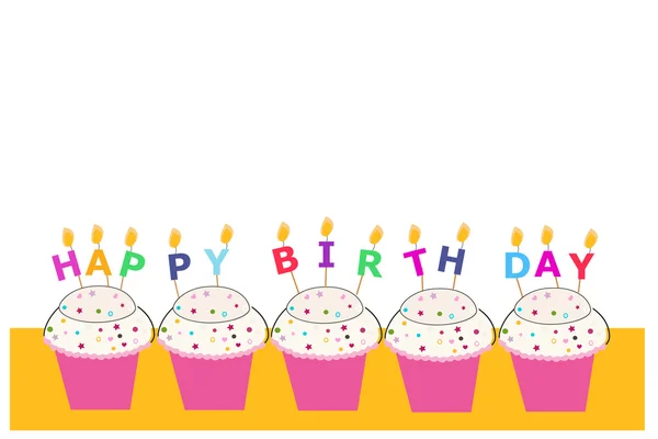 Tarjeta de felicitación feliz cumpleaños con cupcakes y velas — Vector de stock