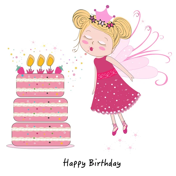 Fairy meisje uitblazen van de kaarsen met gelukkige verjaardagscake — Stockvector