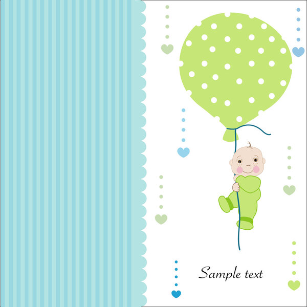 Hold the balloon baby boy arrival greeting card vector