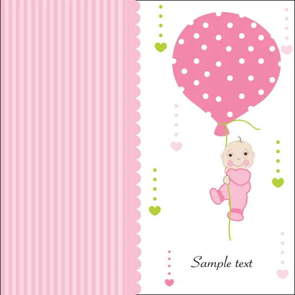 Hold the balloon baby girl arrival greeting card vector — Stock Vector