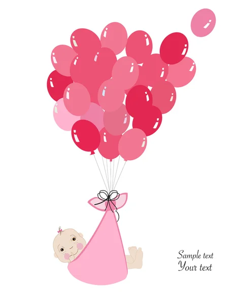 Swaddle baby girl announcement card with balloon vector — Stock Vector
