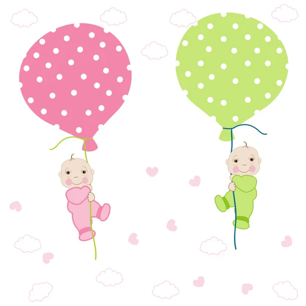 Twin baby arrival card with balloon greeting vector — Stock Vector