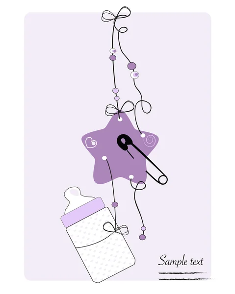 Hanging baby bottle, safety pin, star baby arrival card — Stock Vector