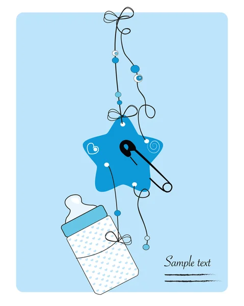 Hanging baby bottle, safety pin, star baby boy arrival card — Stock Vector