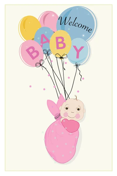 Hanging swaddle baby girl arrival card with balloons vector — Stock Vector