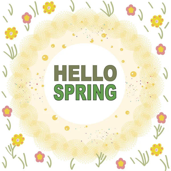 Elegante gelbe Rahmen mit Frühlingsblumen Willkommenskarte Frühling — Stockvektor