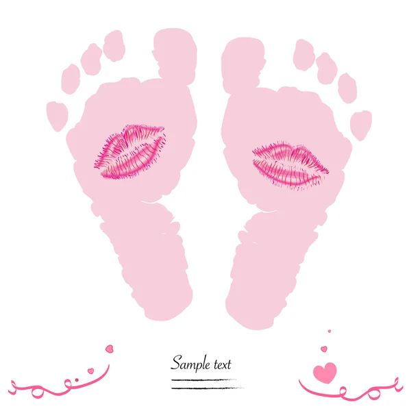 Baby girl feet prints with kiss vector baby arrival greeting — Stock Vector