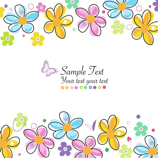 Doodle πολύχρωμα λουλούδια άνοιξη πλαίσιο ευχετήρια κάρτα — Διανυσματικό Αρχείο