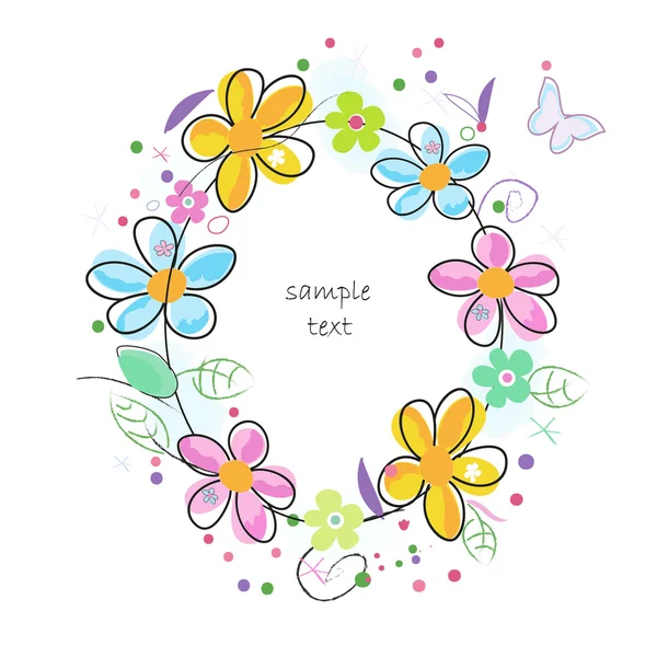 Kleurrijke doodle Lentebloemen cirkel frame wenskaart — Stockvector