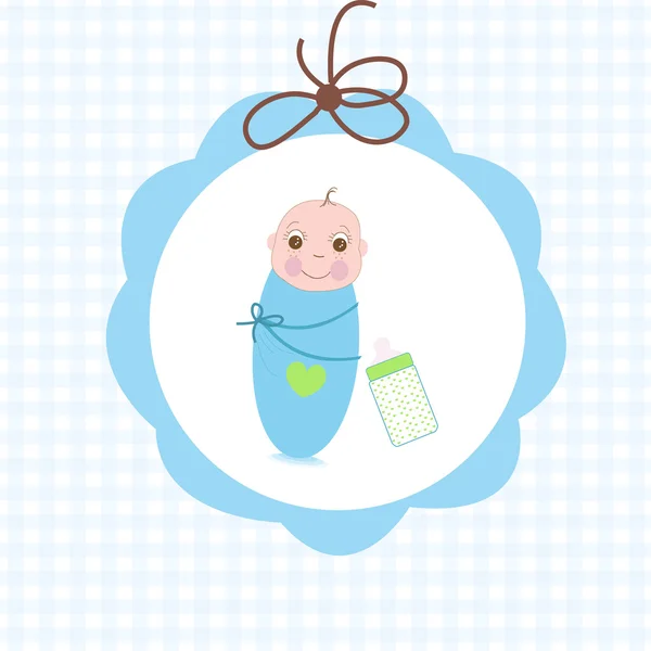Recién nacido pañal bebé niño con biberón tarjeta de felicitación — Vector de stock
