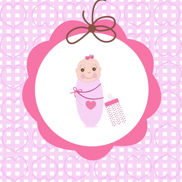 Swaddle baby girl greeting card with bottle — Stock Vector