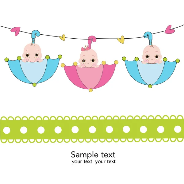 Triplets with umbrella baby shower card — Stock Vector