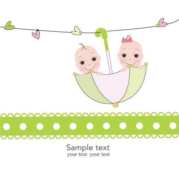 Twin baby boy and girl with umbrella baby shower card — Stock Vector