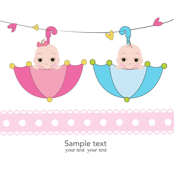 Twin baby boy and girl with umbrella greeting card — Stock Vector