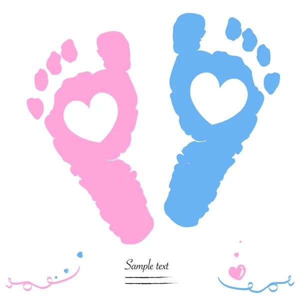 Twin baby girl and boy feet prints arrival greeting card vector — Stock Vector