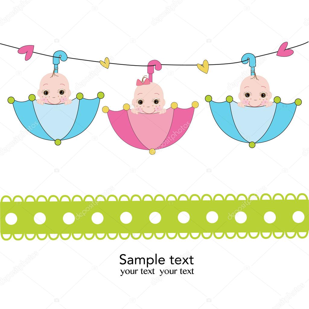 Triplets with umbrella baby shower card