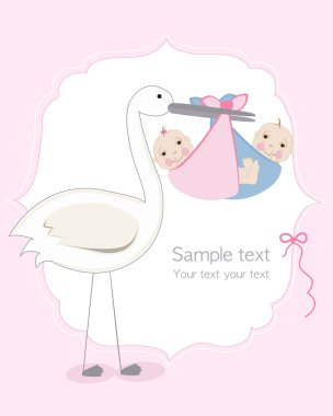 İkiz bebek kız ve erkek leylek bebek varış tebrik kartı ile