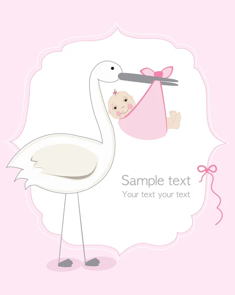 Baby girl with stork baby arrival greeting card — Stock Vector