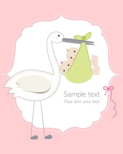 Twin baby girl and boy with stork baby arrival card — Stock Vector