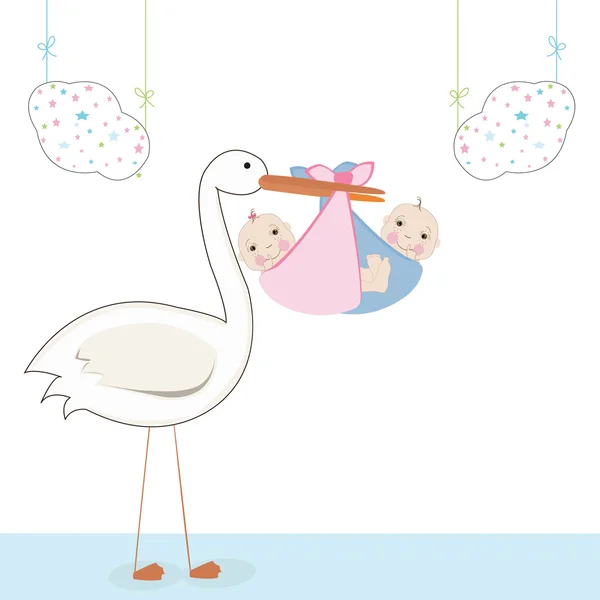 Twin baby with stork, baby arrival card vector — Stock Vector