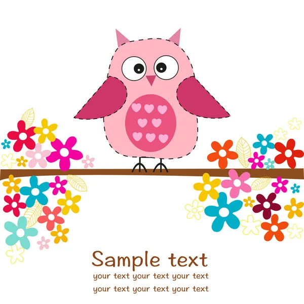 Lindo búho con flores bebé niña ducha tarjeta de felicitación — Vector de stock