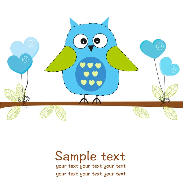 Owl with hearts balloon baby boy shower greeting card — Stock Vector