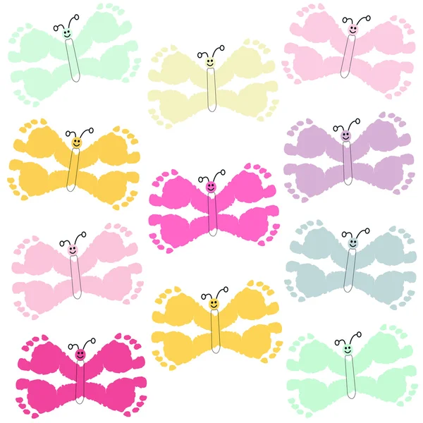 Farfalla con stampa piede bambino modello di sfondo — Vettoriale Stock