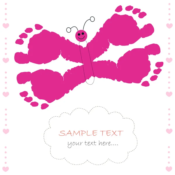 Butterfly with baby prints baby girl greeting card — Stock Vector