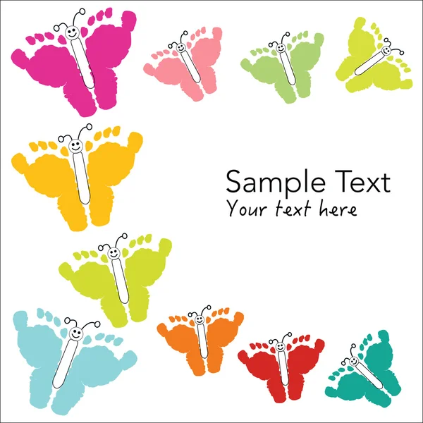Kleurrijke baby voetafdrukken en vlinder wenskaart — Stockvector