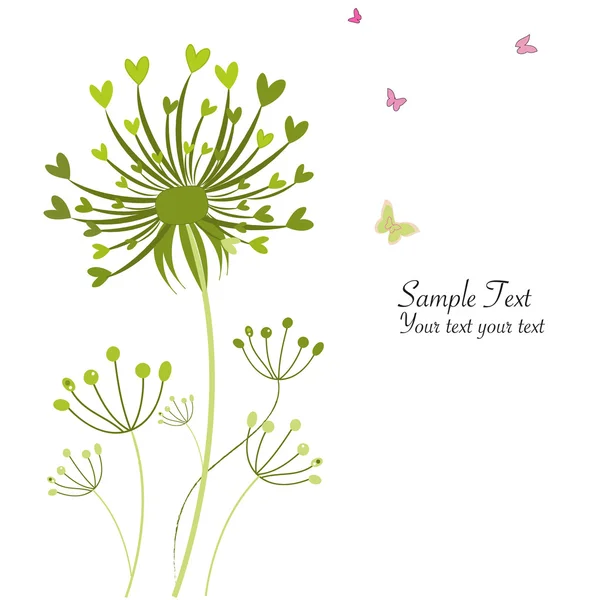 Bahar kelebek çiçek dandelions tebrik kartı — Stok Vektör