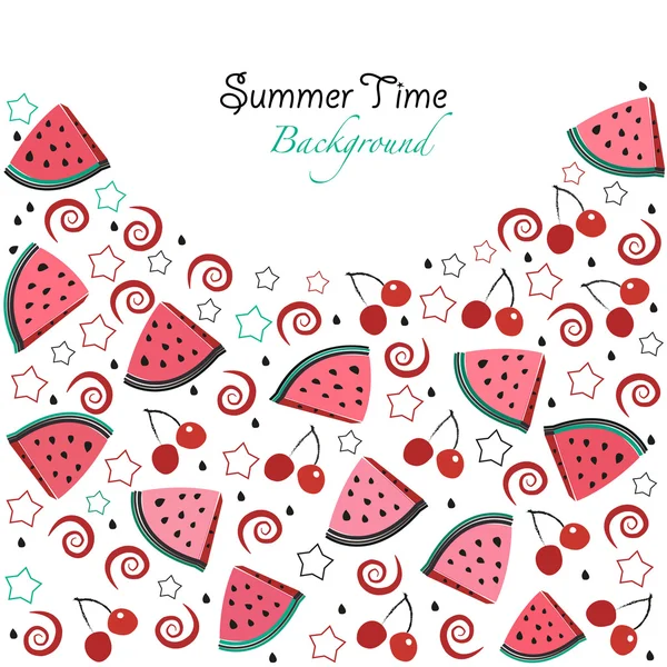 Sommerzeit Hintergrund Scheiben von Wassermelone und Kirsche — Stockvektor