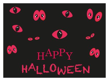 Ürkütücü kırmızı gözleri parlayan koyu mutlu Cadılar Bayramı kartı