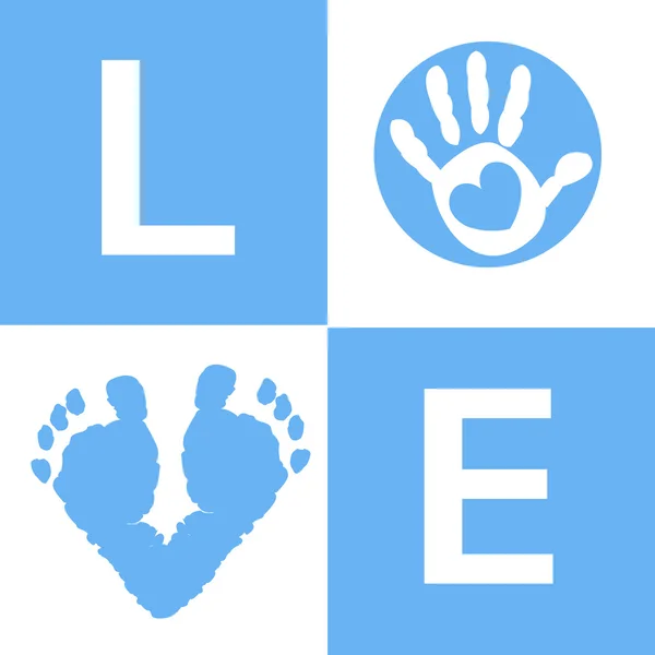 Bebé niño bebé mano y pies impresiones tarjeta de llegada — Vector de stock